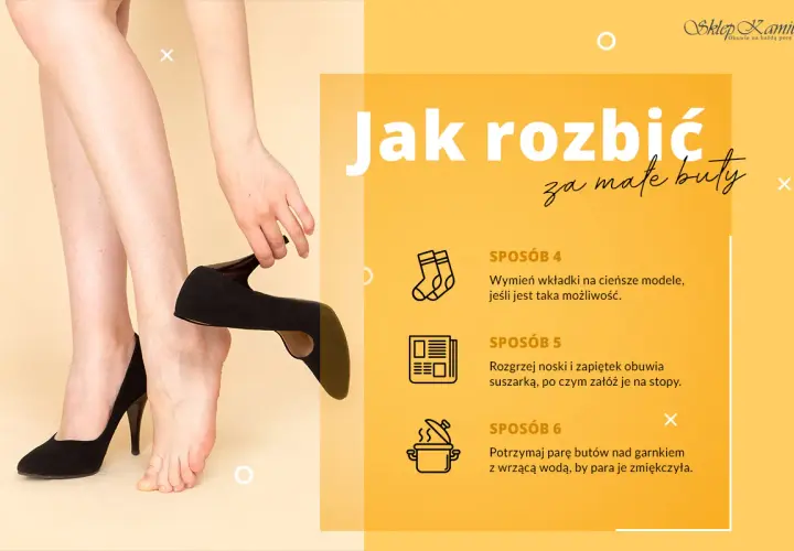 Kobieta zdejmuje czarny, elegancki but, by pokazać, jak rozbić za małe buty. Porady obejmują wymianę wkładek, suszarkę i parę.