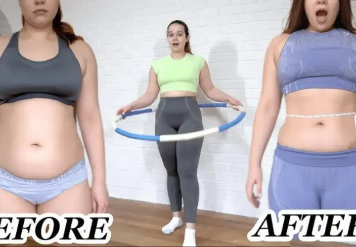 Przed i po: efekty hula hop po 2 tygodniach. Kobieta mierzy talię po ćwiczeniach z hula hop.