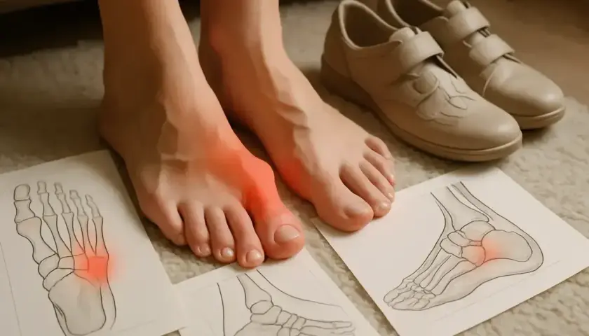 Bolesne stopy biegacza z zaznaczonym zapaleniem i rysunkami anatomicznymi kości stopy. Obok buty ortopedyczne.