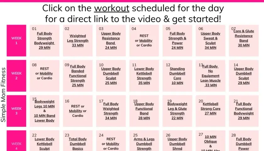 Plan treningowy dla początkujących: kalendarz z ćwiczeniami na 4 tygodnie, obejmujący trening siłowy, cardio i odpoczynek.
