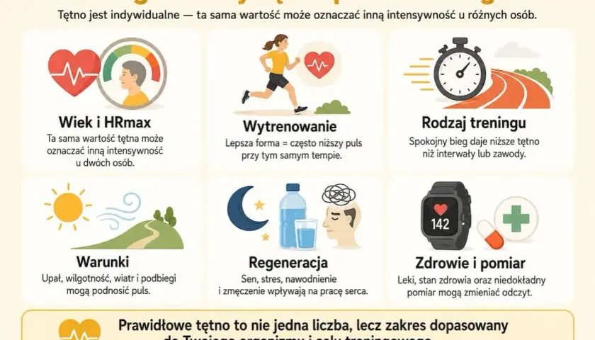 Czynniki wpływające na tempo biegu: wiek, wytrenowanie, rodzaj treningu, warunki, regeneracja, zdrowie. Tętno jest indywidualne.