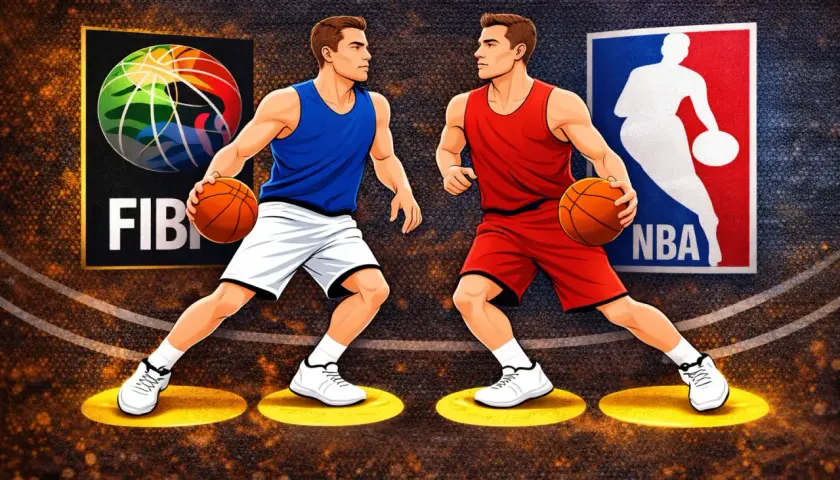 Dwóch koszykarzy, jeden w niebieskim, drugi w czerwonym stroju, szykuje się do akcji. W tle loga FIBA i NBA sugerują, że to będzie zacięta dogrywka w koszykówce.