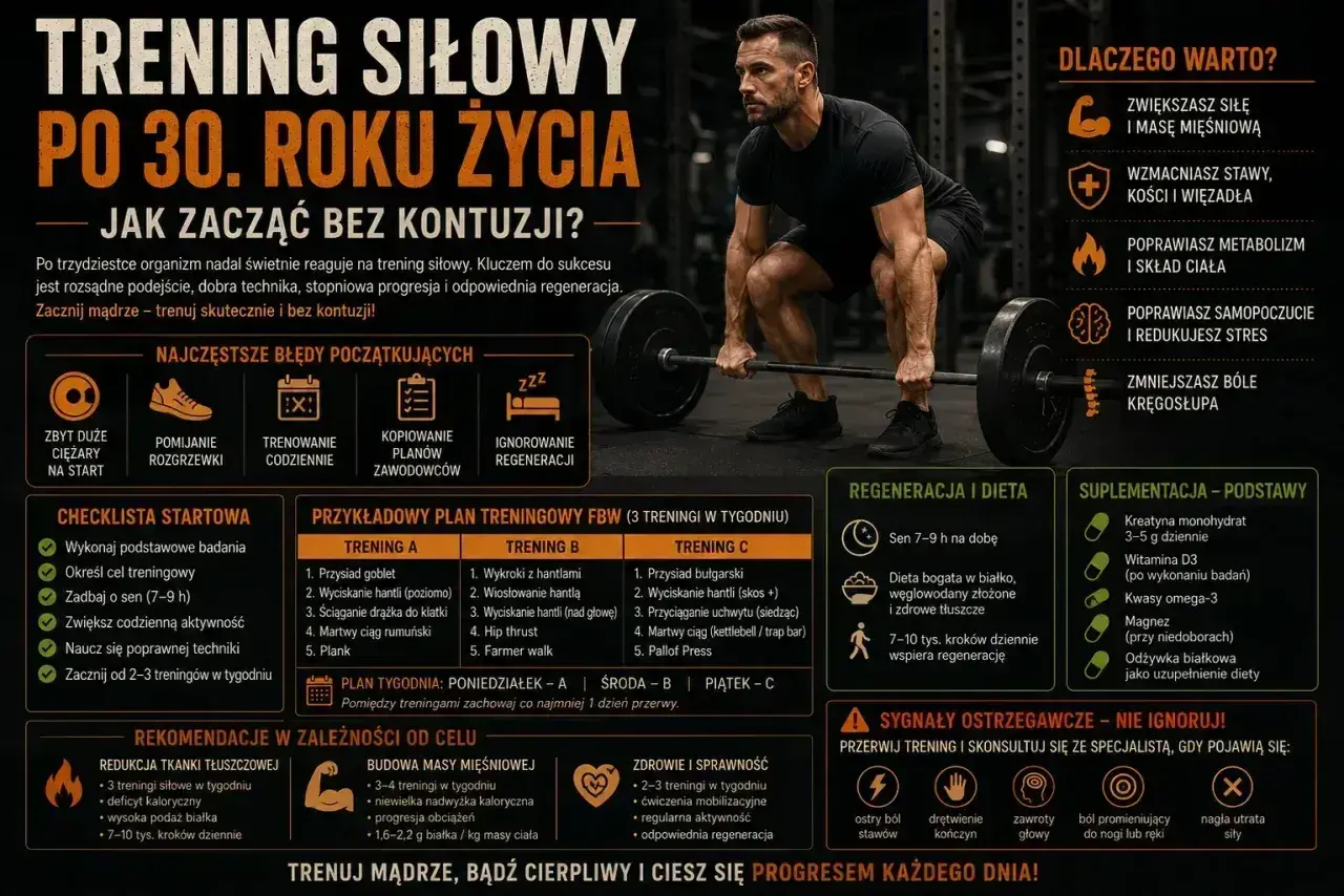 Mężczyzna podnosi sztangę. Grafika przedstawia plan treningowy po 30. roku życia, z ćwiczeniami, dietą i suplementacją.