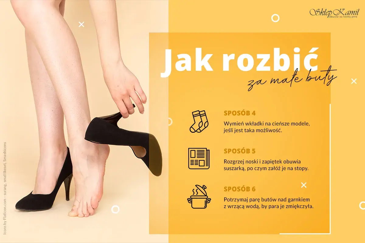 Kobieta zdejmuje czarny, elegancki but, by pokazać, jak rozbić za małe buty. Porady obejmują wymianę wkładek, suszarkę i parę.