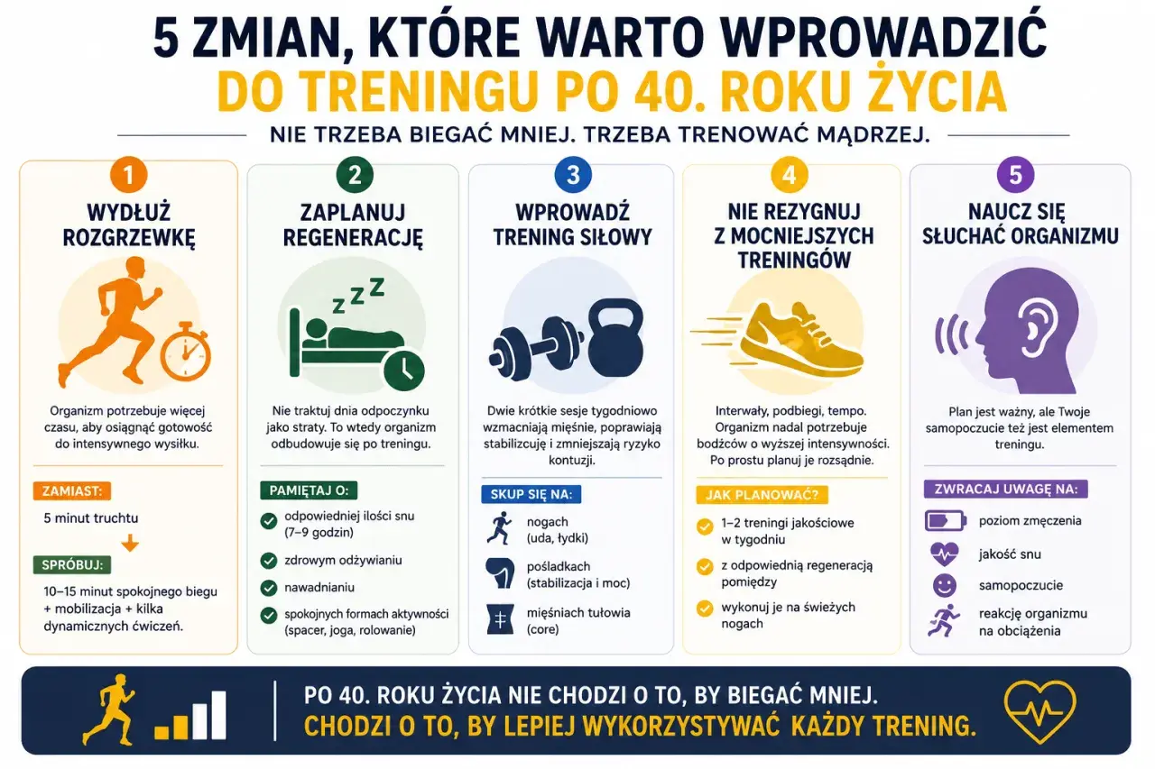 5 zmian w treningu po 40. roku życia: dłuższa rozgrzewka, regeneracja, trening siłowy, mocniejsze treningi i słuchanie organizmu.