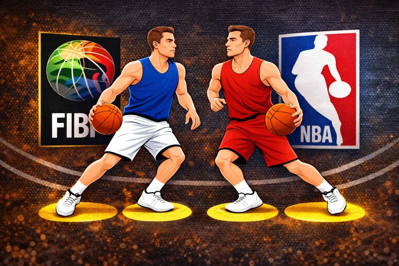 Dwóch koszykarzy, jeden w niebieskim, drugi w czerwonym stroju, szykuje się do akcji. W tle loga FIBA i NBA sugerują, że to będzie zacięta dogrywka w koszykówce.
