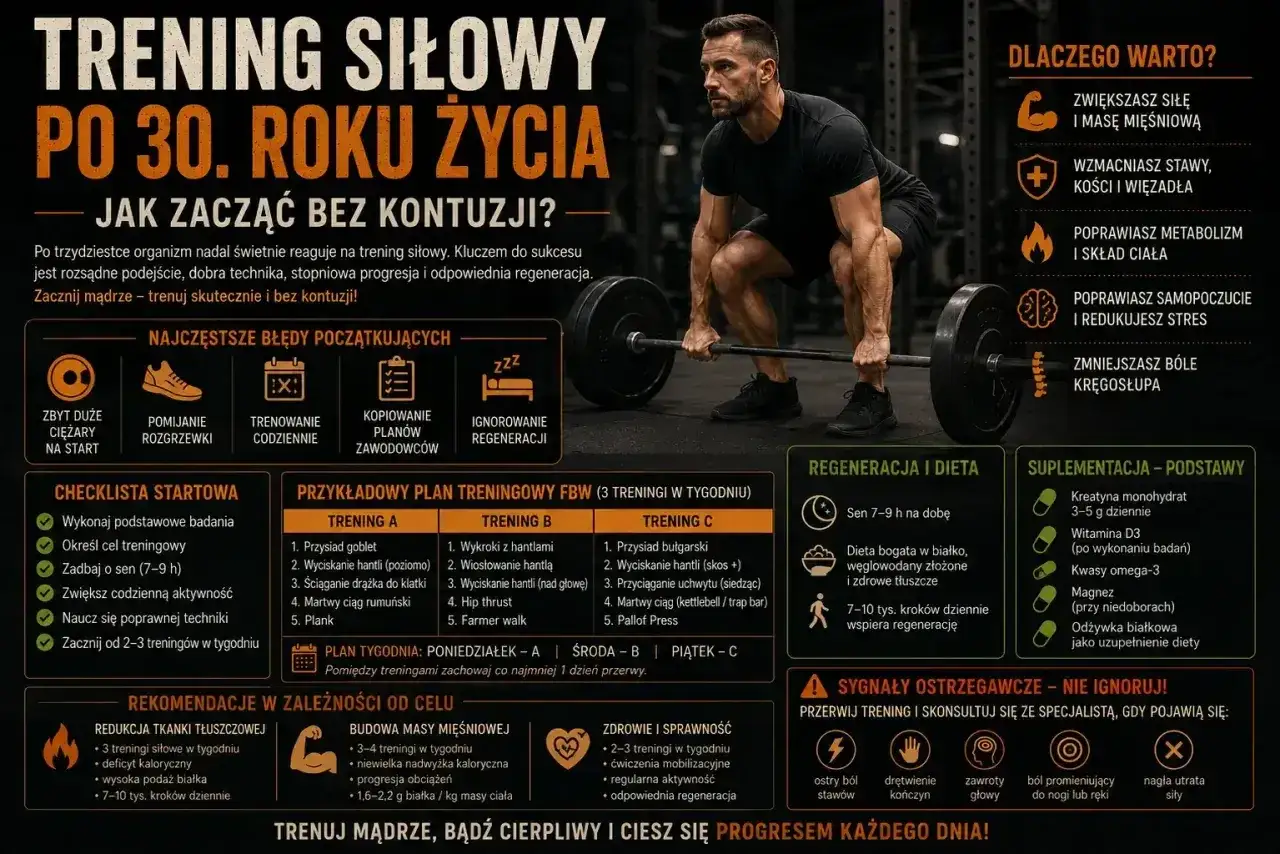 Jak ćwiczyć na siłowni po 30. roku życia bez kontuzji? Mężczyzna podnosi sztangę, ilustracja pokazuje plan treningowy, dietę i suplementację.