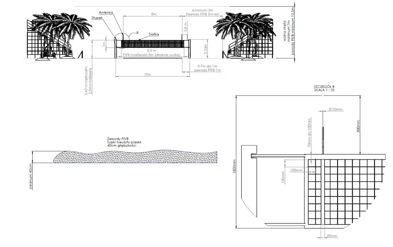 Wymiary boiska do siatkówki plażowej: wysokość siatki męskiej 2,43m, szerokość 8m, długość 16m. Piasek 40cm głębokości.