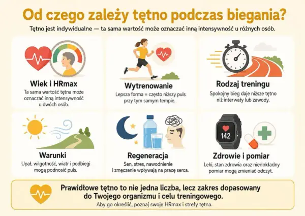 Czynniki wpływające na tempo biegu: wiek, wytrenowanie, rodzaj treningu, warunki, regeneracja, zdrowie. Tętno jest indywidualne.